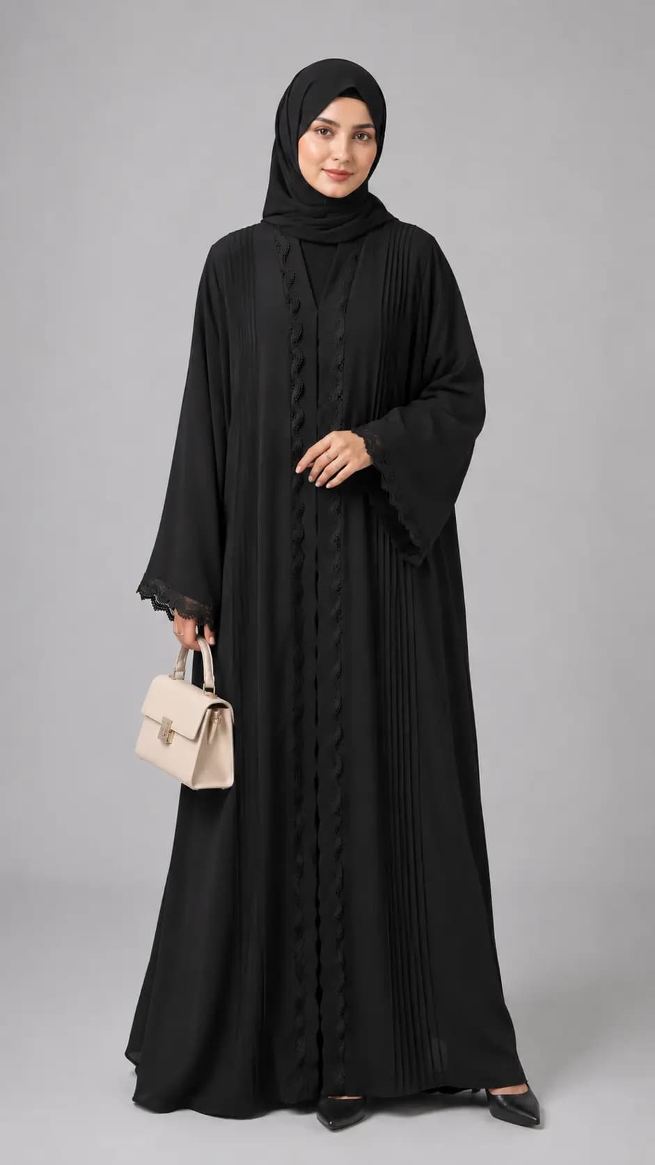 Midnight Pleats & Lace Detailing Abaya