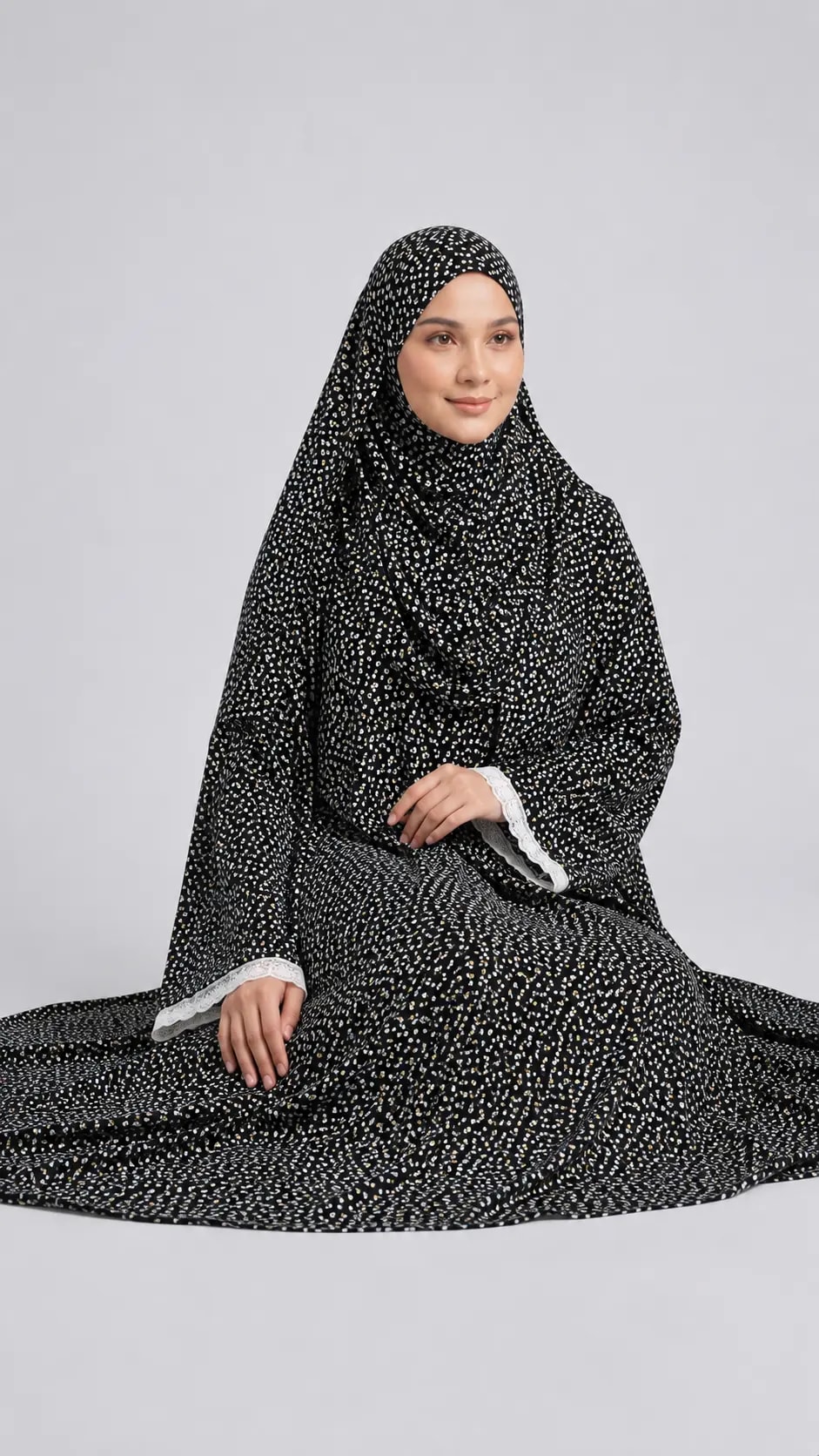 AL Noor Black & White Floral Printed Prayer Dress