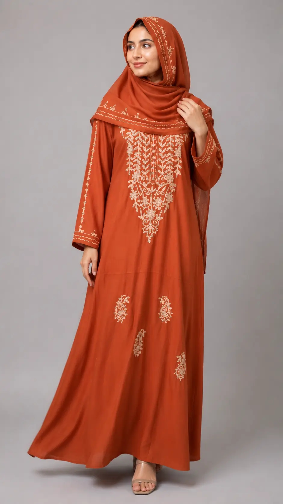 The Mehrunnisa Rust Embroidered Modest Maxi